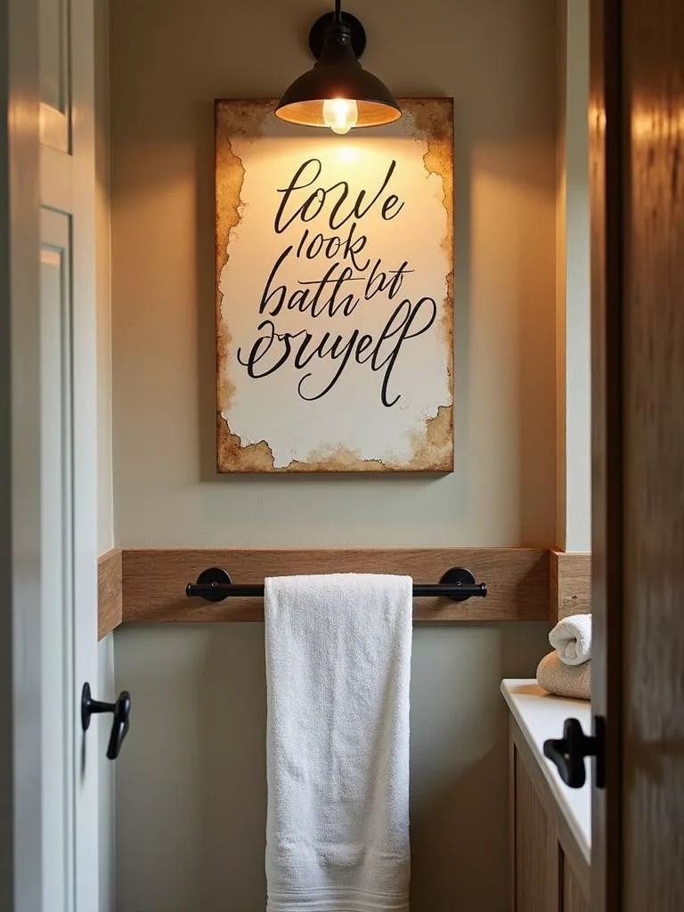 A rustic bathroom with a calligraphy quote canvas above a towel rack.