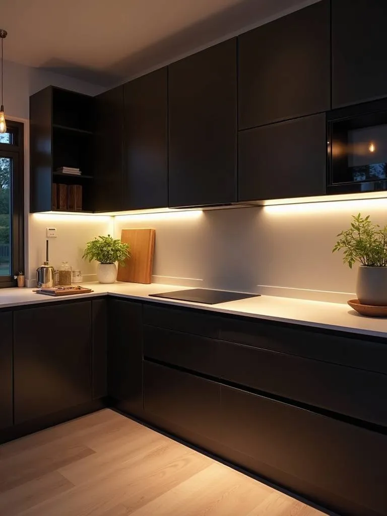 Modern kitchen lit up with under-cabinet LED lighting at dusk.