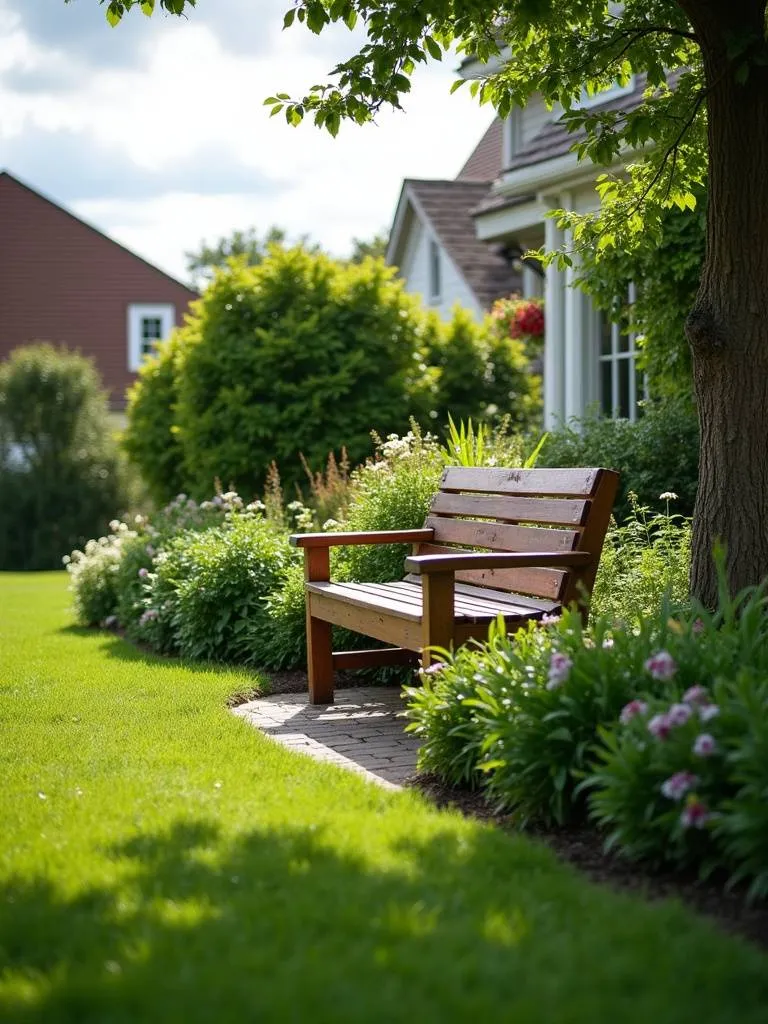 Wooden garden bench in a lush front yard