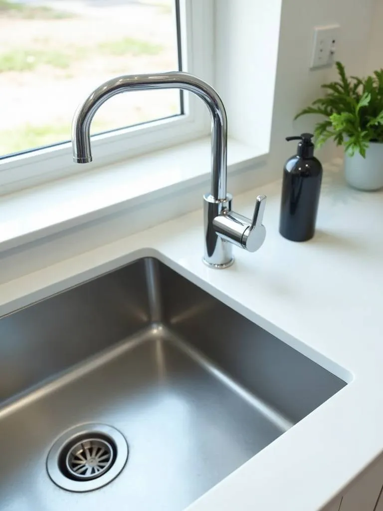 Close up view of modern chrome faucet and a clean stainless steel sink.