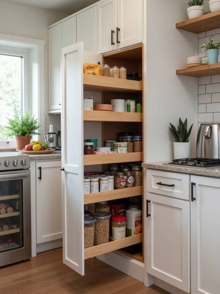 small kitchen with a pull-out pantry, showcasing efficient and easily accessible storage for food and suppli