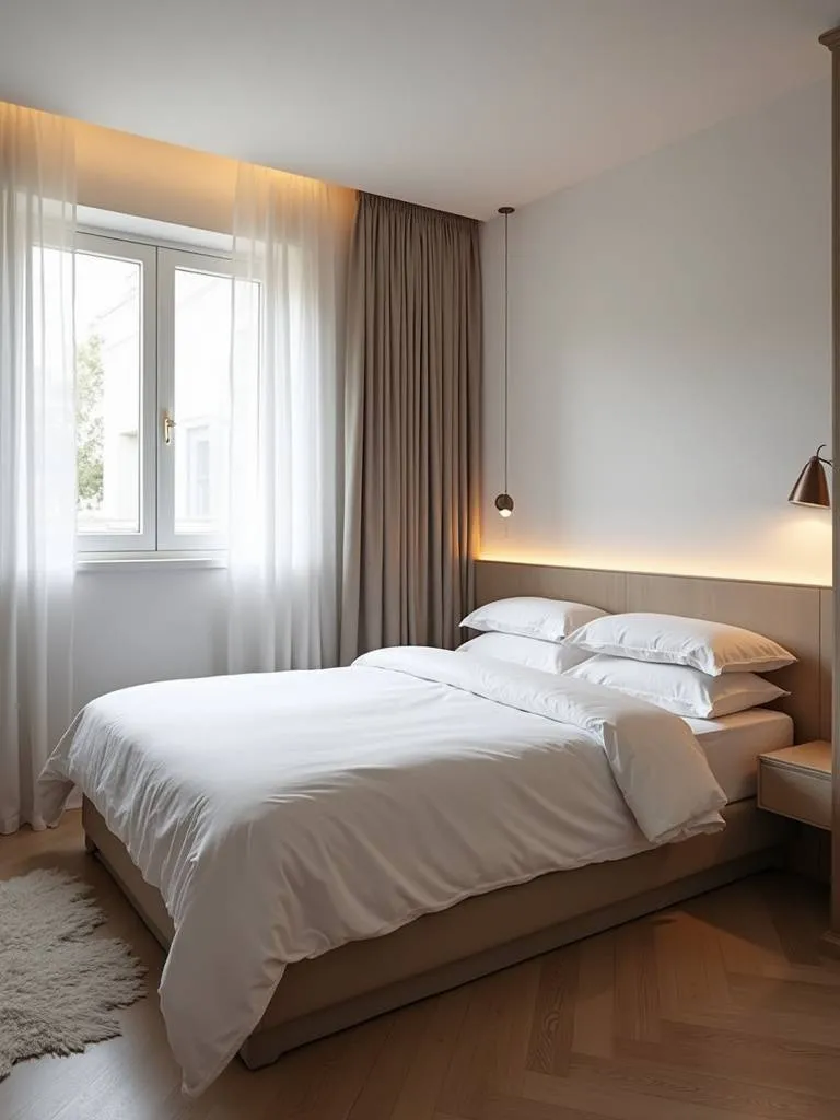 A compact bedroom using a space-saving low profile headboard.