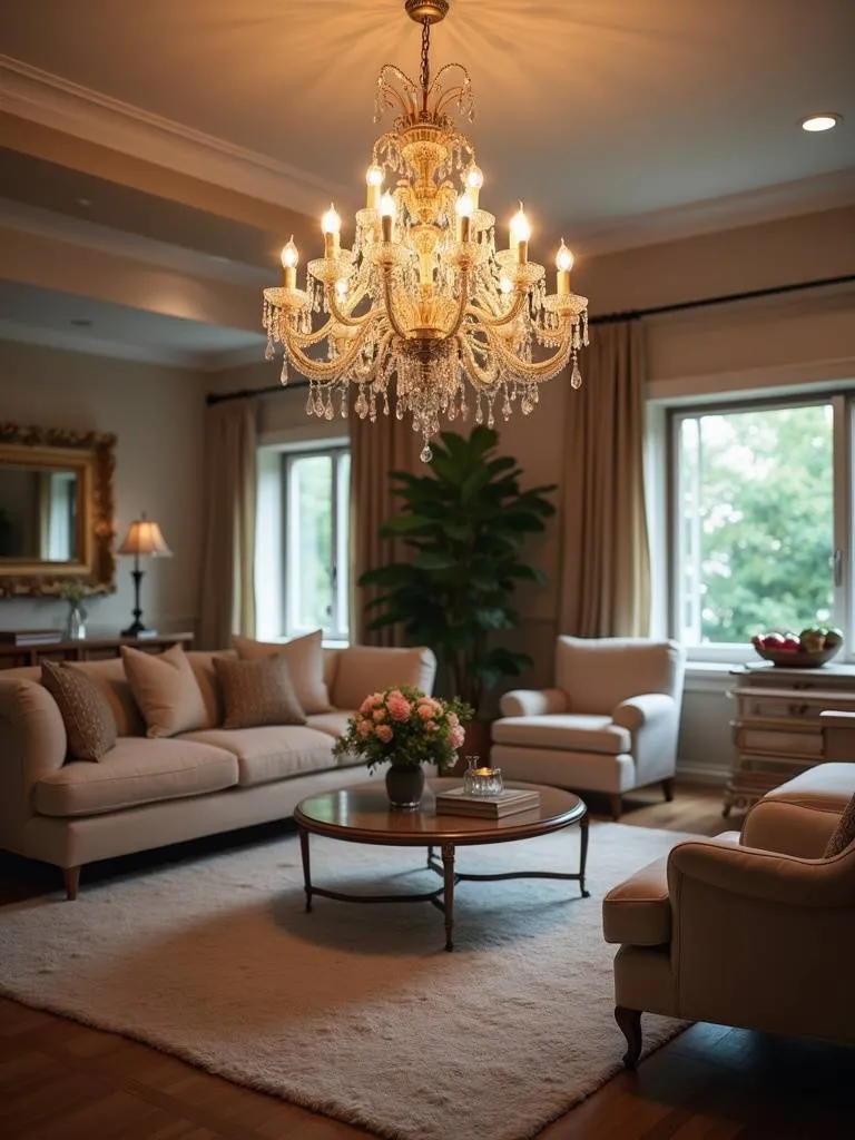 A living room with an elegant chandelier serving as the main focal point.