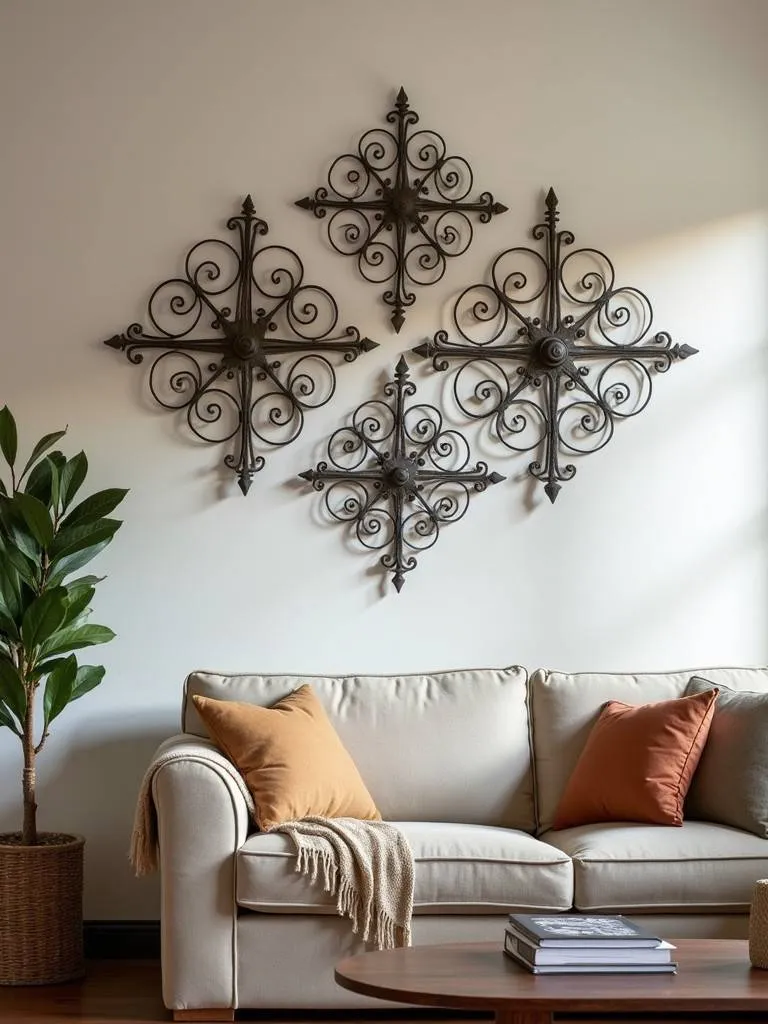 Iron wall art displayed in a rustic living room.