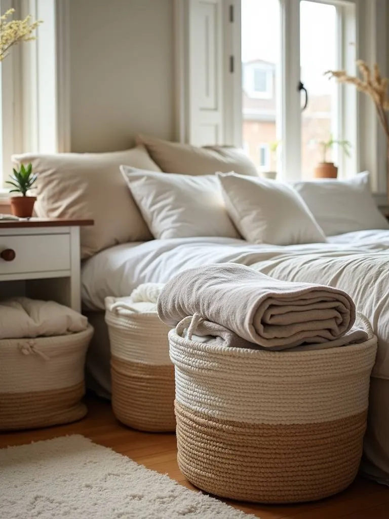 A well organized small bedroom uses storage baskets to keep it clutter free.