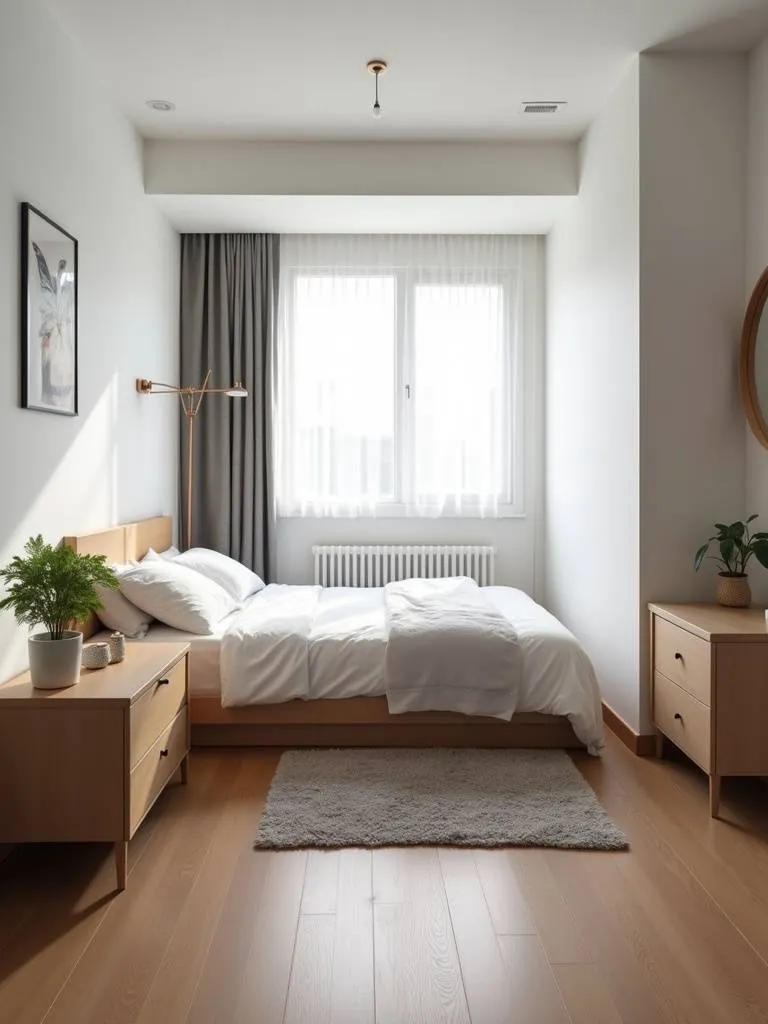 A simple, organized small bedroom showing a design that is functional and minimal.