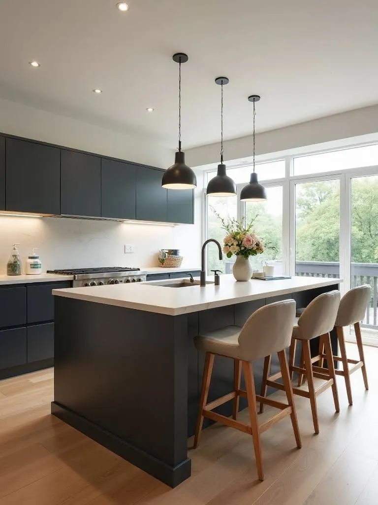 A modern kitchen with a central island and bar stools.