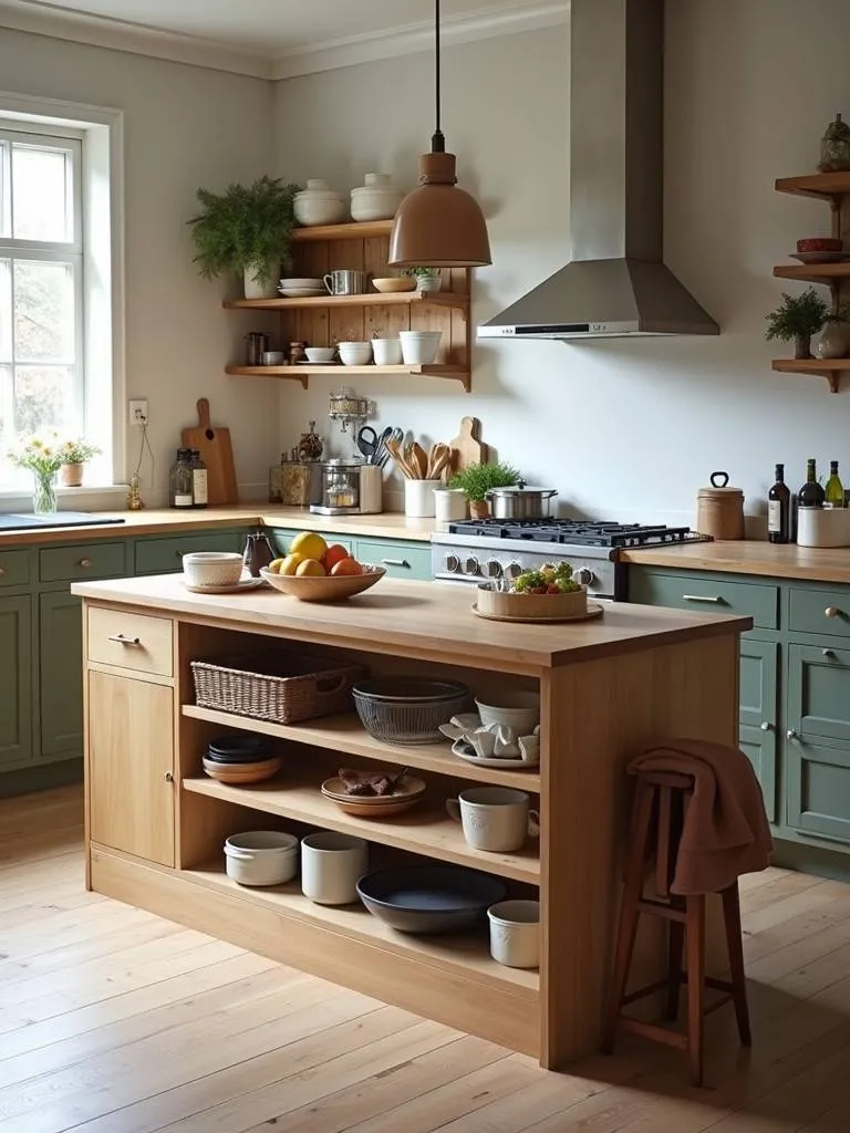 A kitchen island with storage in the center of a kitchen area