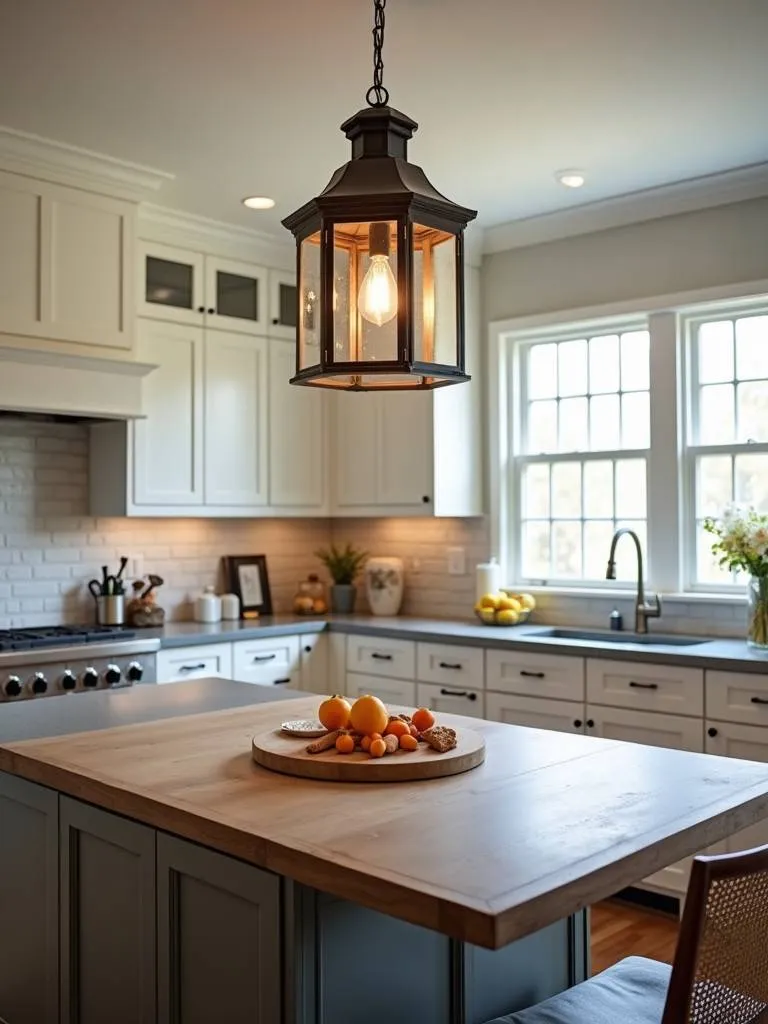 A transitional style kitchen with a traditional lantern fixture above the table.