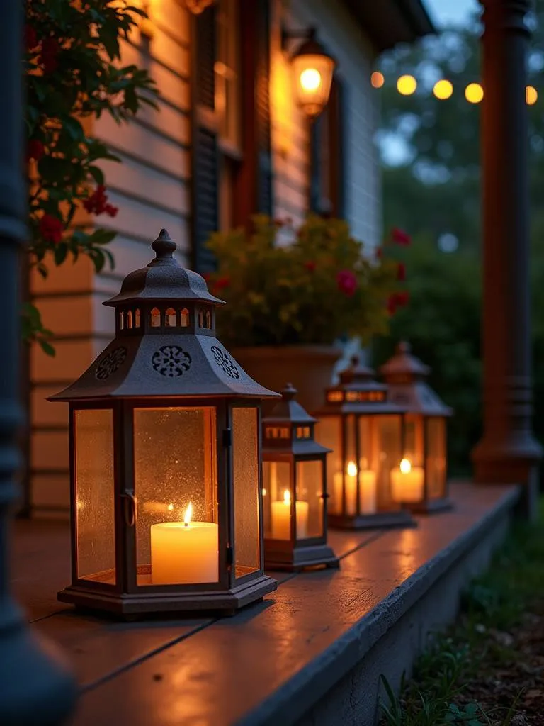 A front porch at night, featuring glowing lanterns and candle holders.