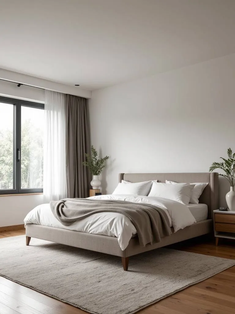 A spacious bedroom with a large area rug anchoring the bed, enhancing both comfort and visual appeal