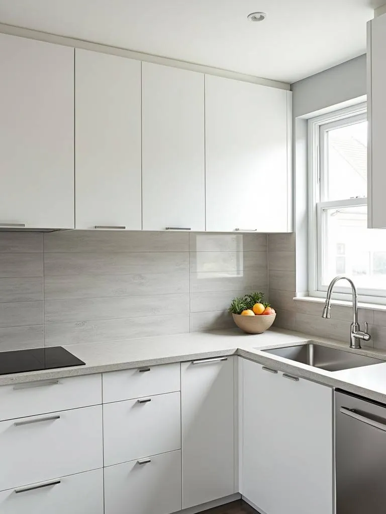 A kitchen with white cabinets and a large format tile backsplash