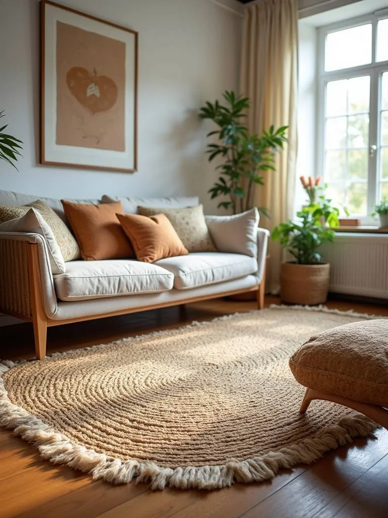 A living room featuring a layered jute rug and smaller geometric rug.