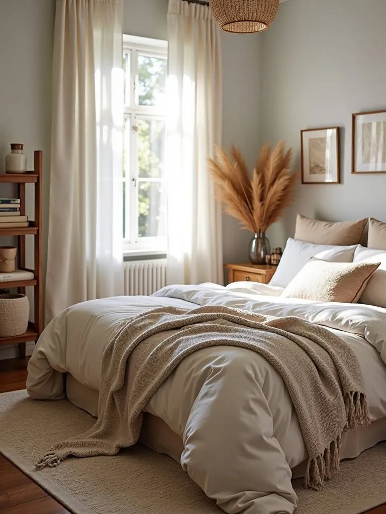 A bedroom with layered textures creating a comfortable and inviting space