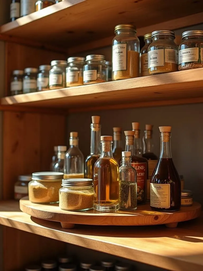 A wooden lazy susan on a pantry shelf with oils and spices