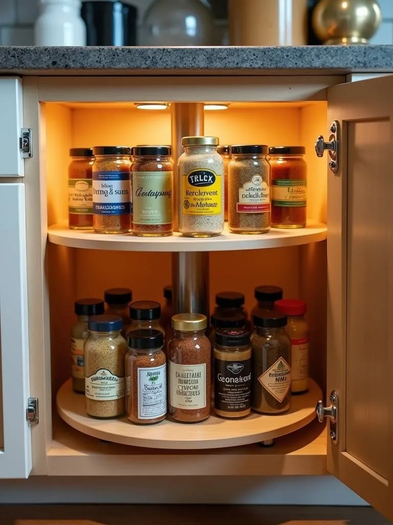 A Lazy Susan turntable filled with spices inside a kitchen cabinet