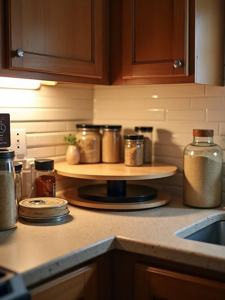 Image of a lazy susan turntable used in a corner cabinet for organizing kitchen items