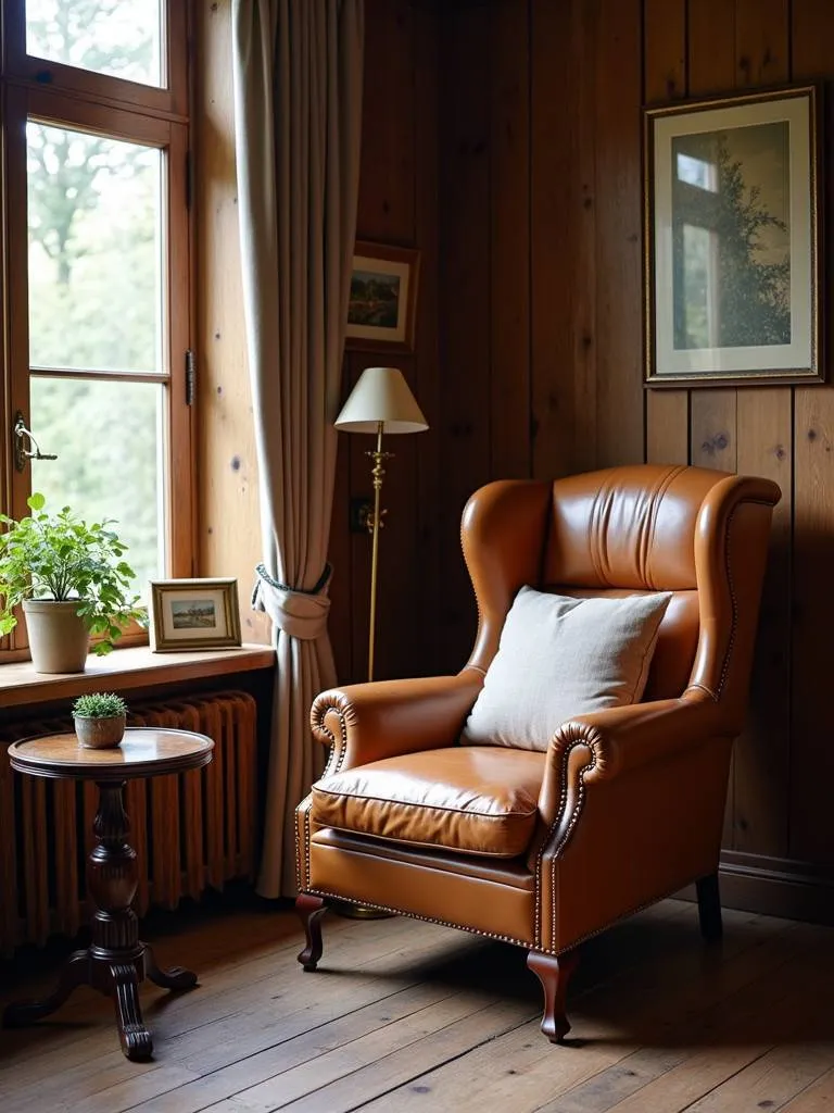 A leather armchair in a rustic living room bathed in natural light.