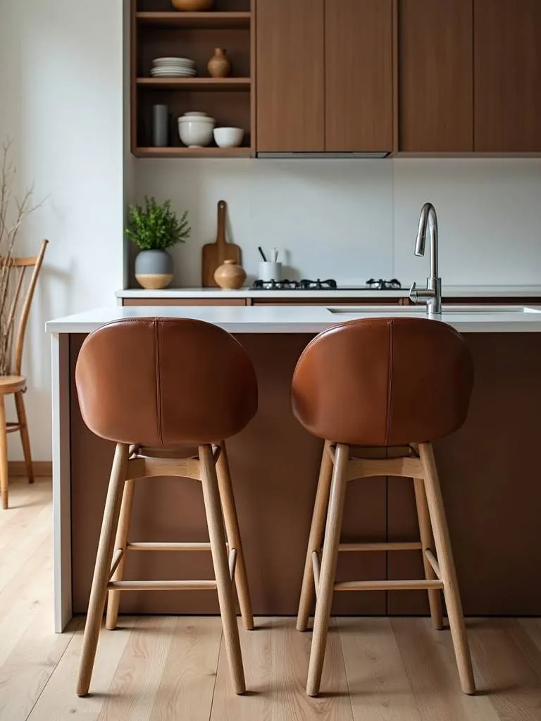 A kitchen island with leather brown bar stools.