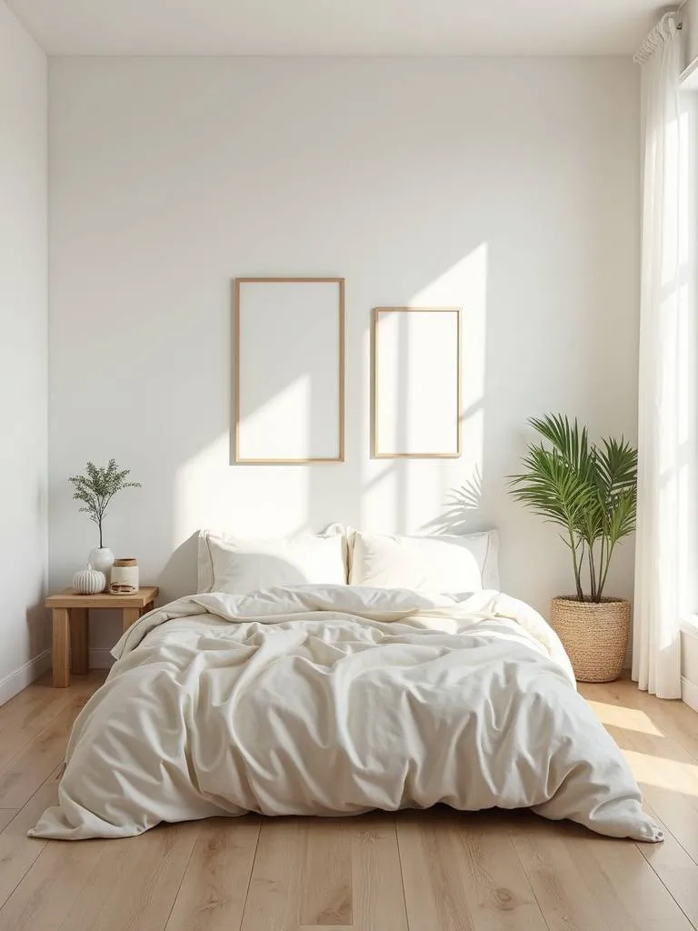 A minimalist bedroom with white walls and cream bedding flooded with natural light.