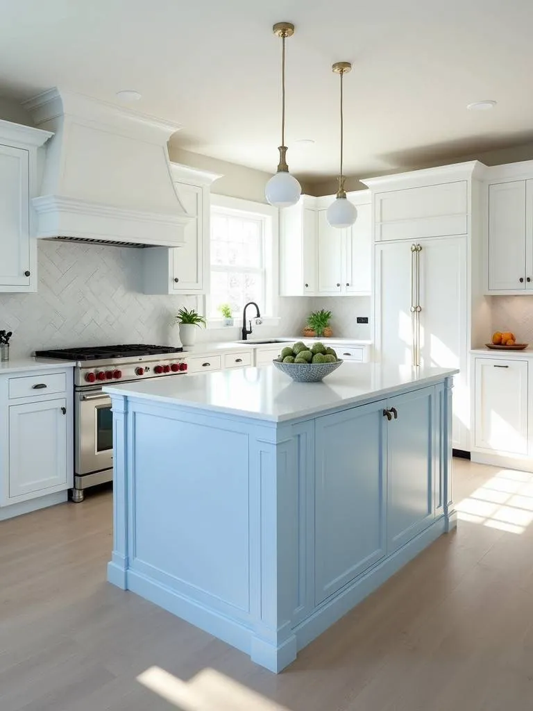 A coastal-style white kitchen featuring a calming light sky blue island with a white quartz countertop