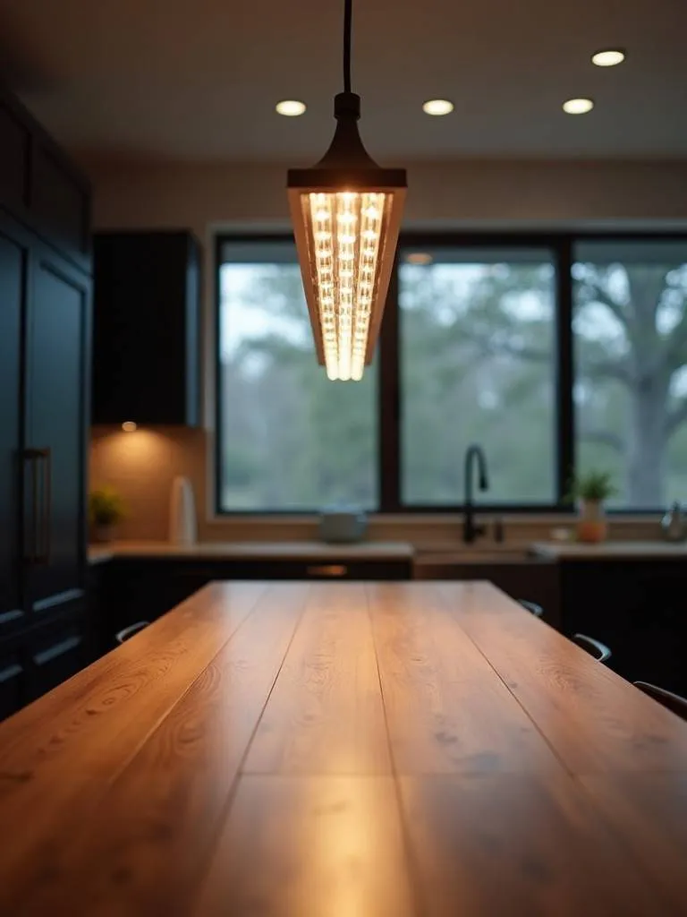 A modern kitchen with a linear suspension light above a long rectangular table.