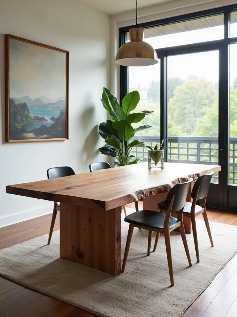 A live edge solid wood farmhouse table in a modern, naturally lit dining room, showcasing its unique form
