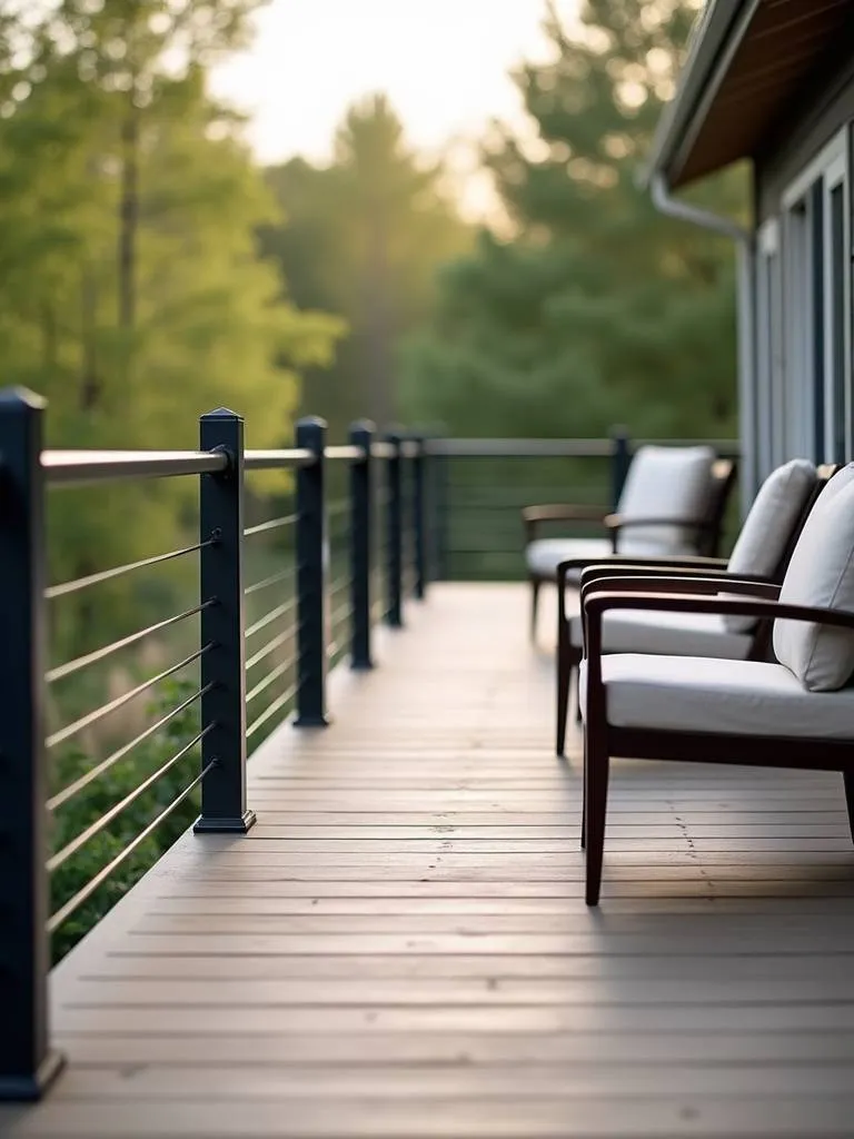 Deck with unobtrusive low-profile railing provides secure safety measures without compromising the open view.
