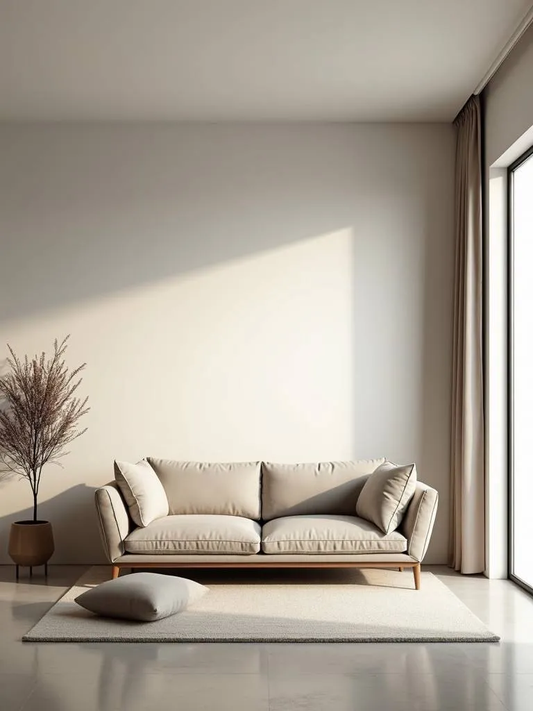 A minimalist living room featuring a low-profile sofa, neutral rug, and soft natural light.