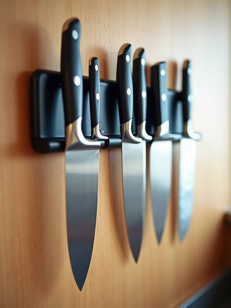 A magnetic knife strip on a kitchen wall holding various knives.