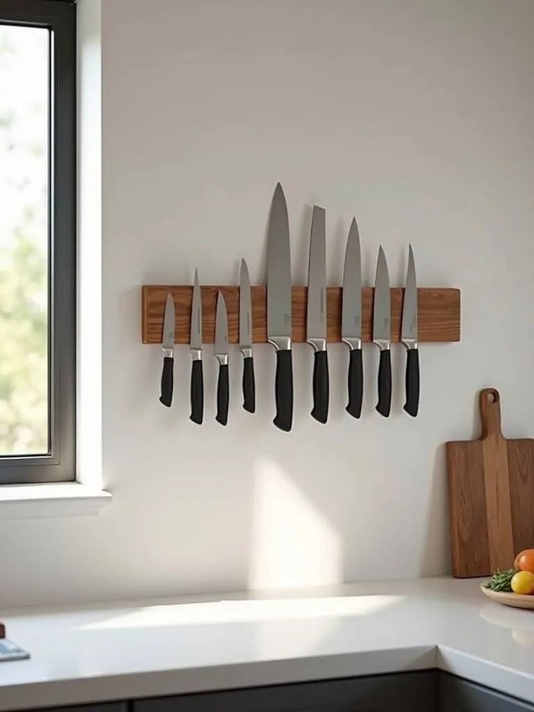 Image of a wooden magnetic knife strip mounted on a wall, holding various knives