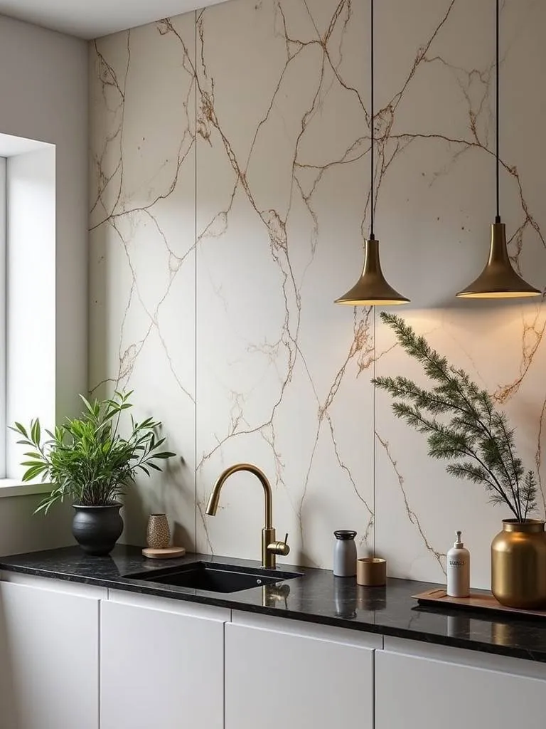 A modern kitchen with marble effect wallpaper