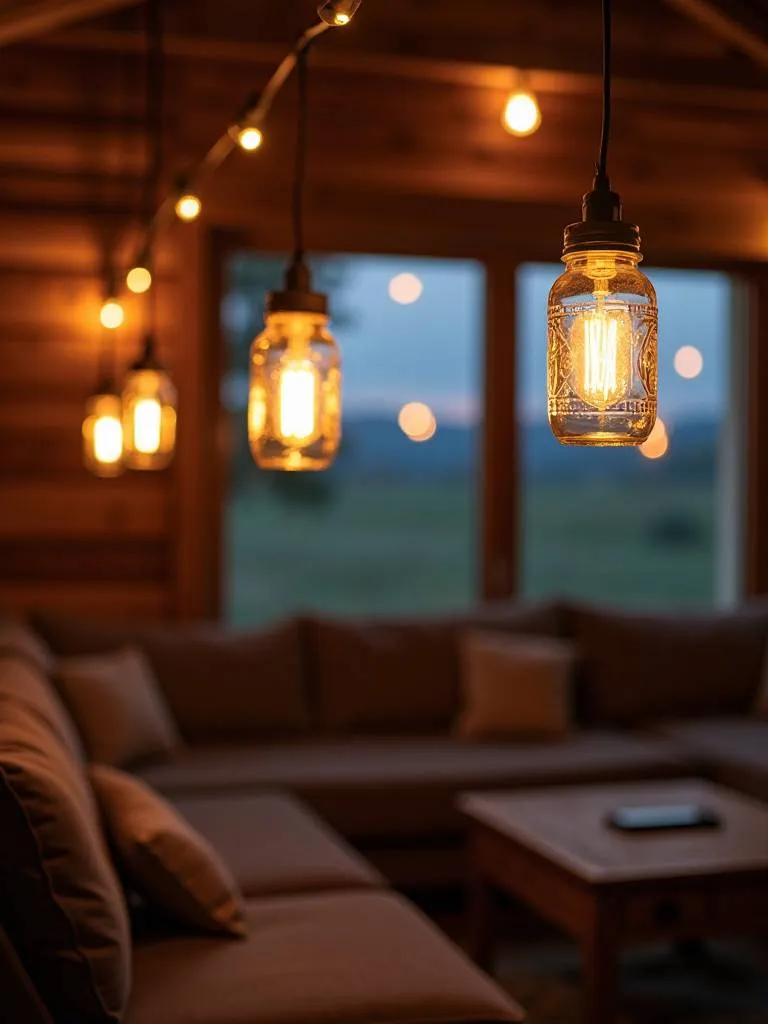 Mason jar lights in a rustic living room setting.