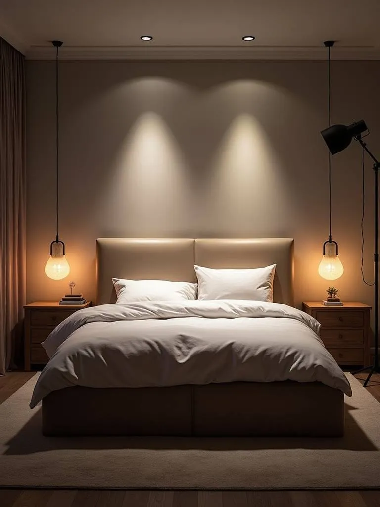 A warm bedroom with multiple layered lighting options, including overhead fixtures, table lamps, and a floor lamp to create an inviting atmosphere.