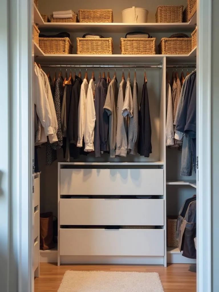 A well organized small bedroom closet that uses baskets and bins.