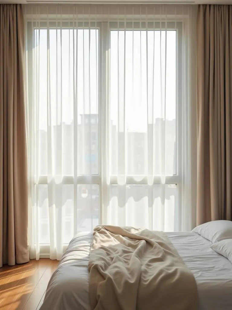 A bright bedroom with large window and sheer curtains that provide ample natural light, creating a peaceful ambiance.