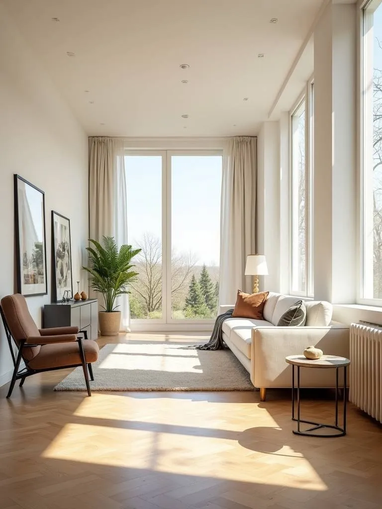 A bright, sunlit living room with a wide bank of windows.