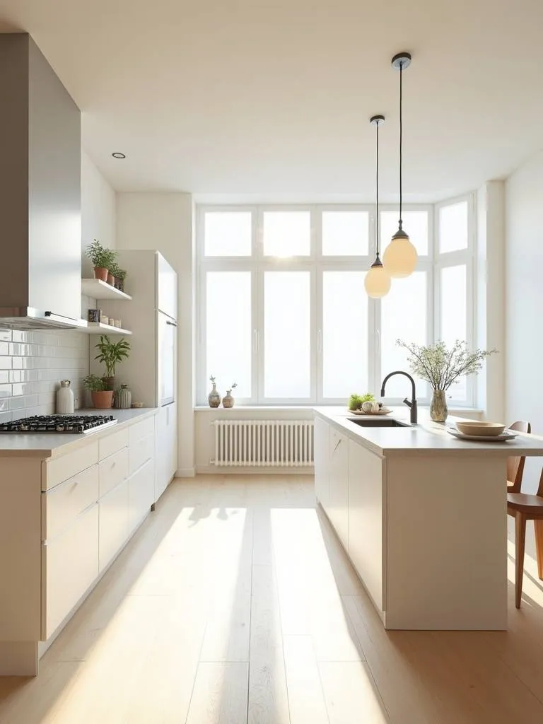 Bright and open kitchen bathed in natural sunlight from large windows.