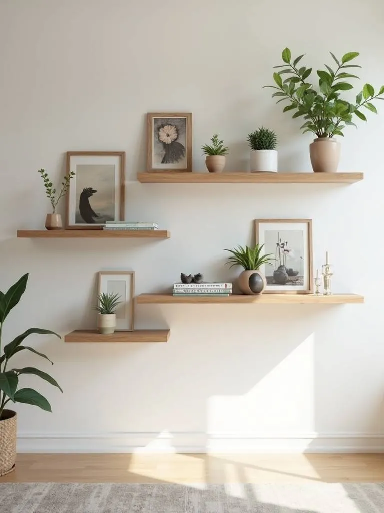 A bedroom wall with floating shelves displaying plants, books, and decorative items, adding style and functionality