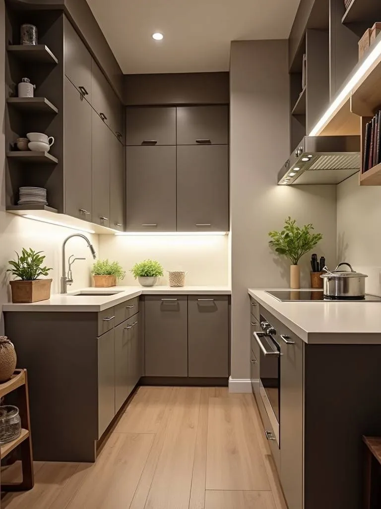 small kitchen with bright under-cabinet lighting, enhancing task areas and highlighting the countertops
