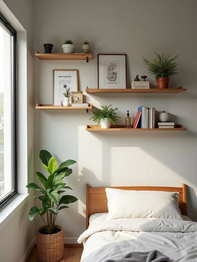 A small bedroom featuring a wall of floating shelves filled with books and decor.