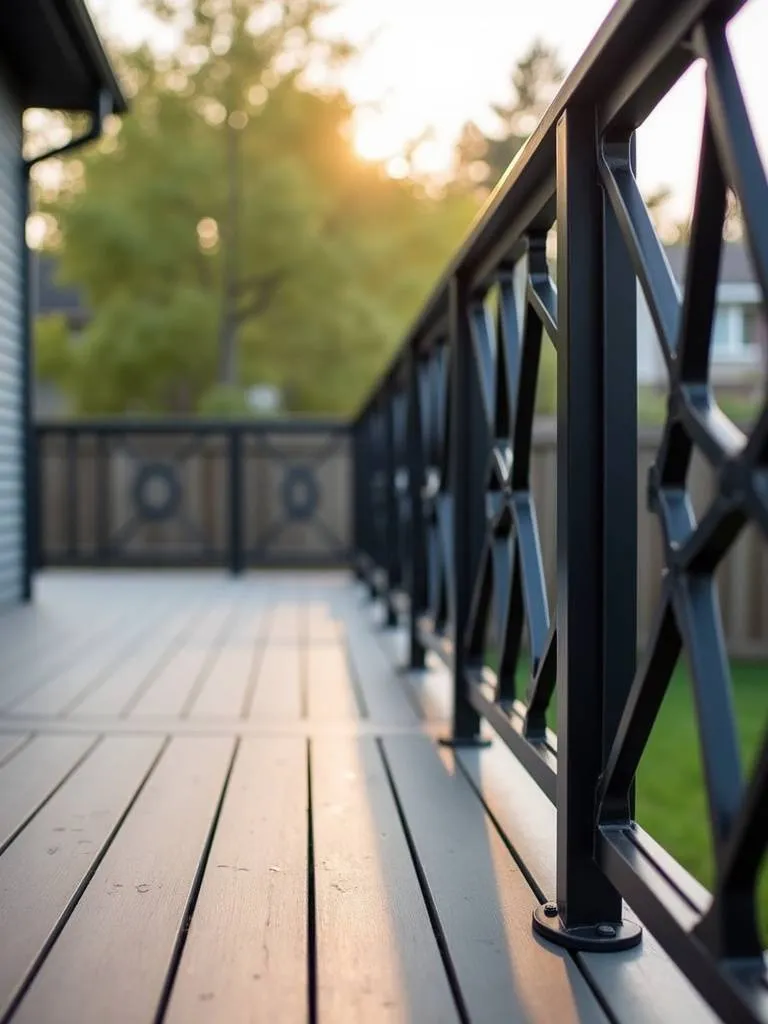 Modern deck with a striking geometric metal railing providing a unique focal point and enhancing the space.