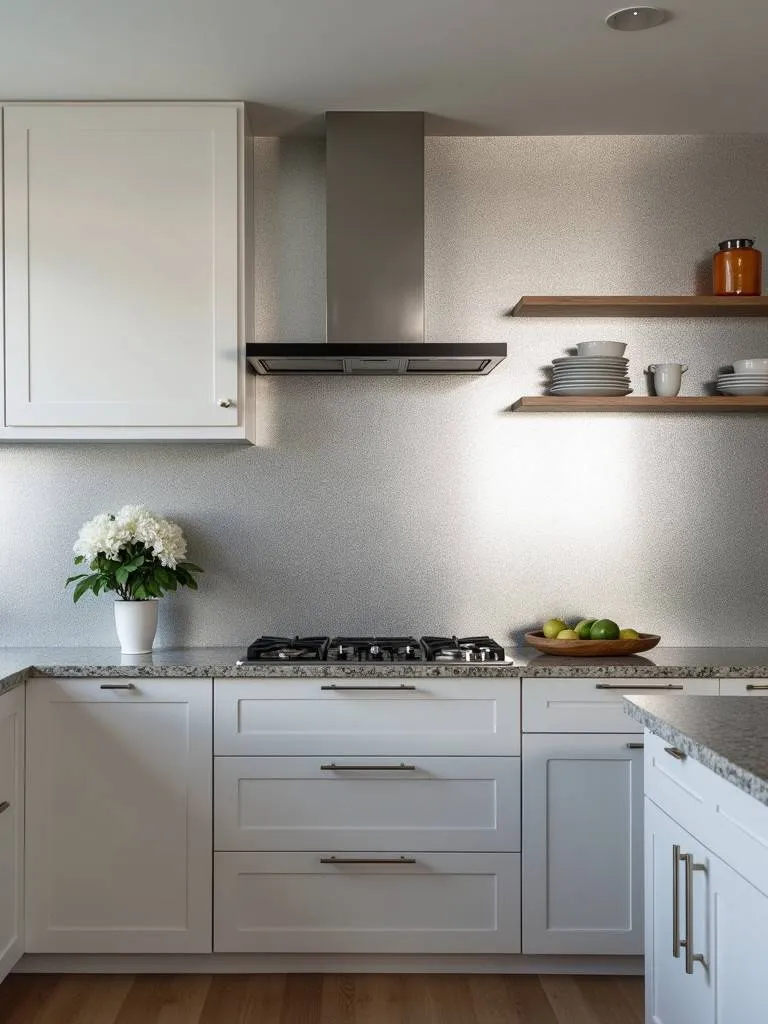 A kitchen featuring silver metallic accent wallpaper on a wall