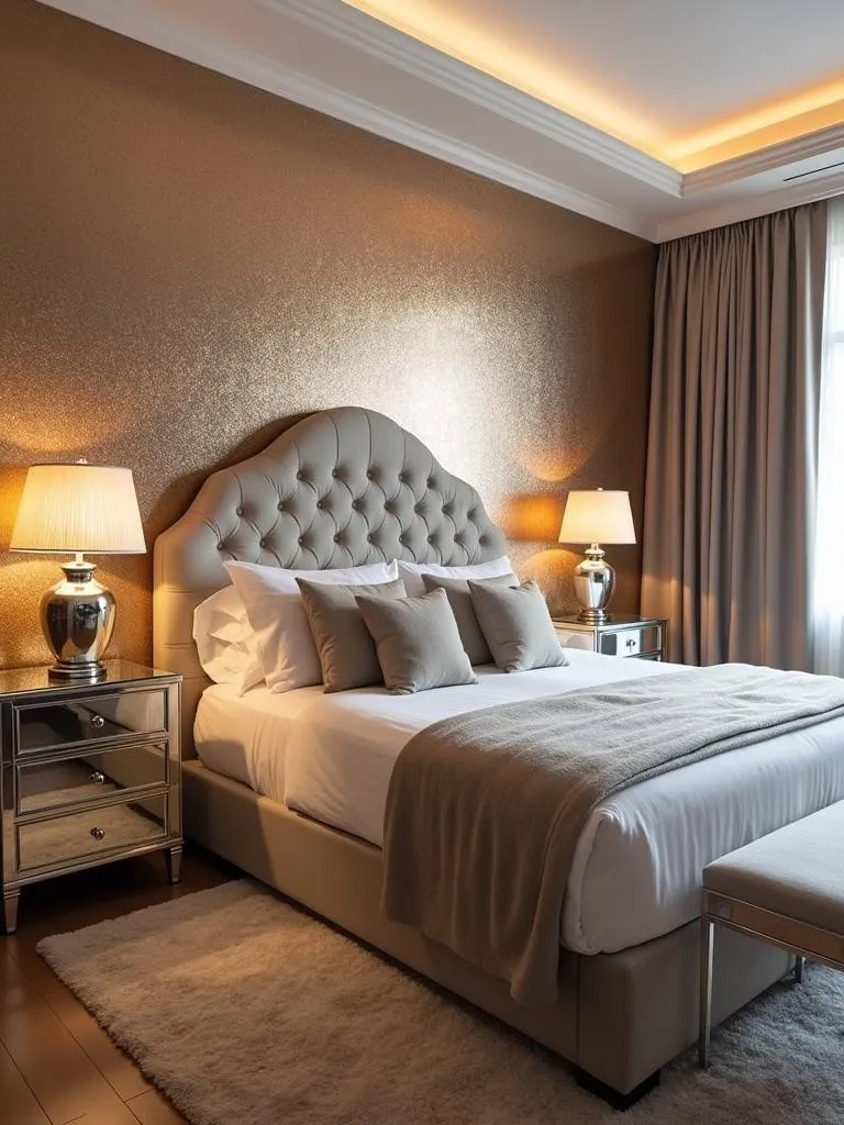 A glamorous bedroom with a metallic patterned wallpaper accent wall, featuring mirrored bedside tables and plush accents.