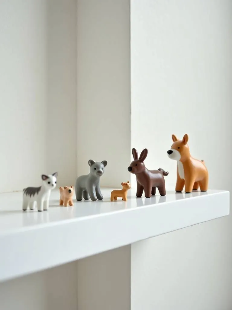 A white bathroom shelf with a collection of miniature ceramic animal figurines