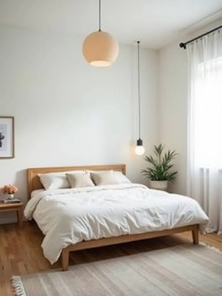 A simple, light and bright minimalist small bedroom with clean lines and light colors.