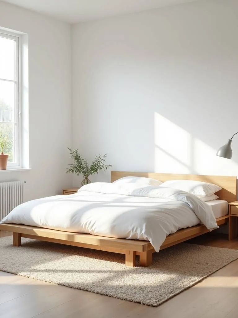 A minimalist bedroom featuring a low wooden platform bed, emphasizing clean lines and simplicity