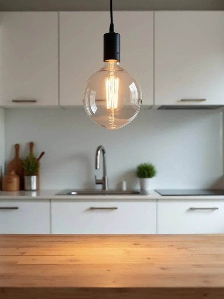 A modern kitchen with a minimalist pendant light above a wooden table.