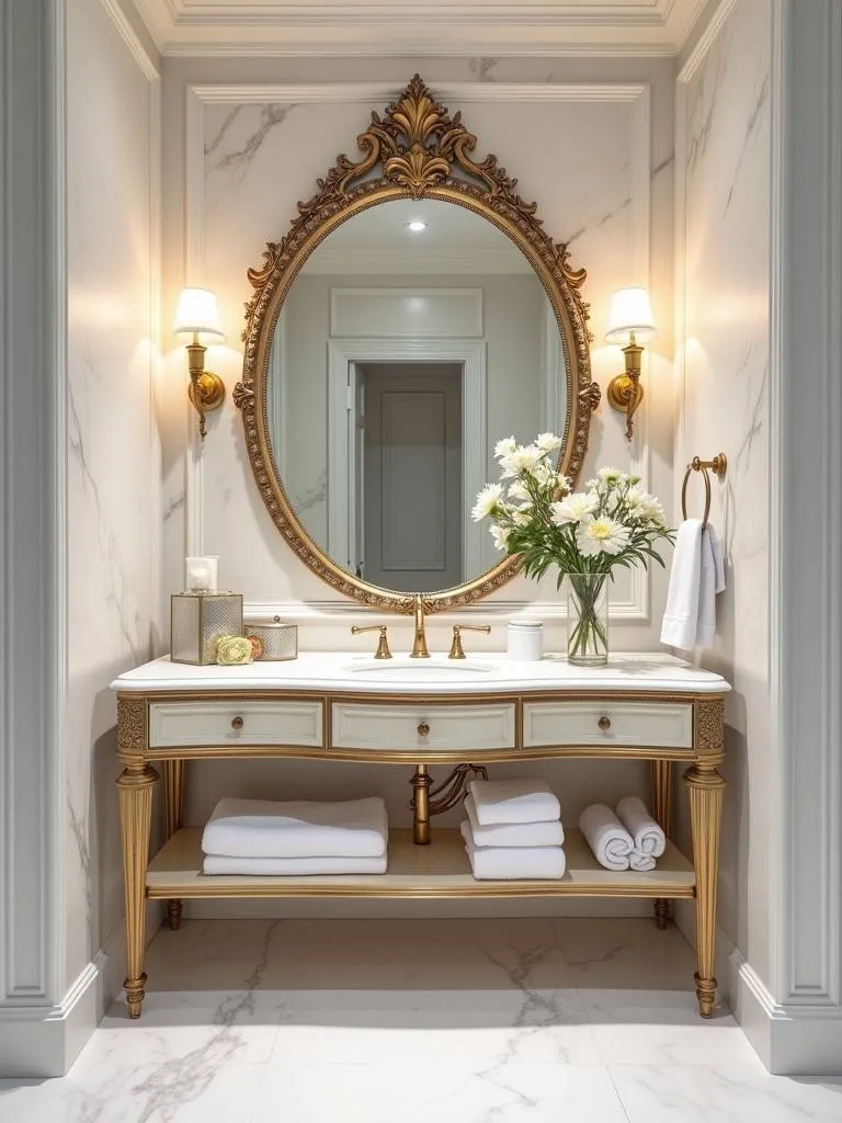 A glamorous bathroom with a large, ornate mirrored art piece above a gold-trimmed vanity.