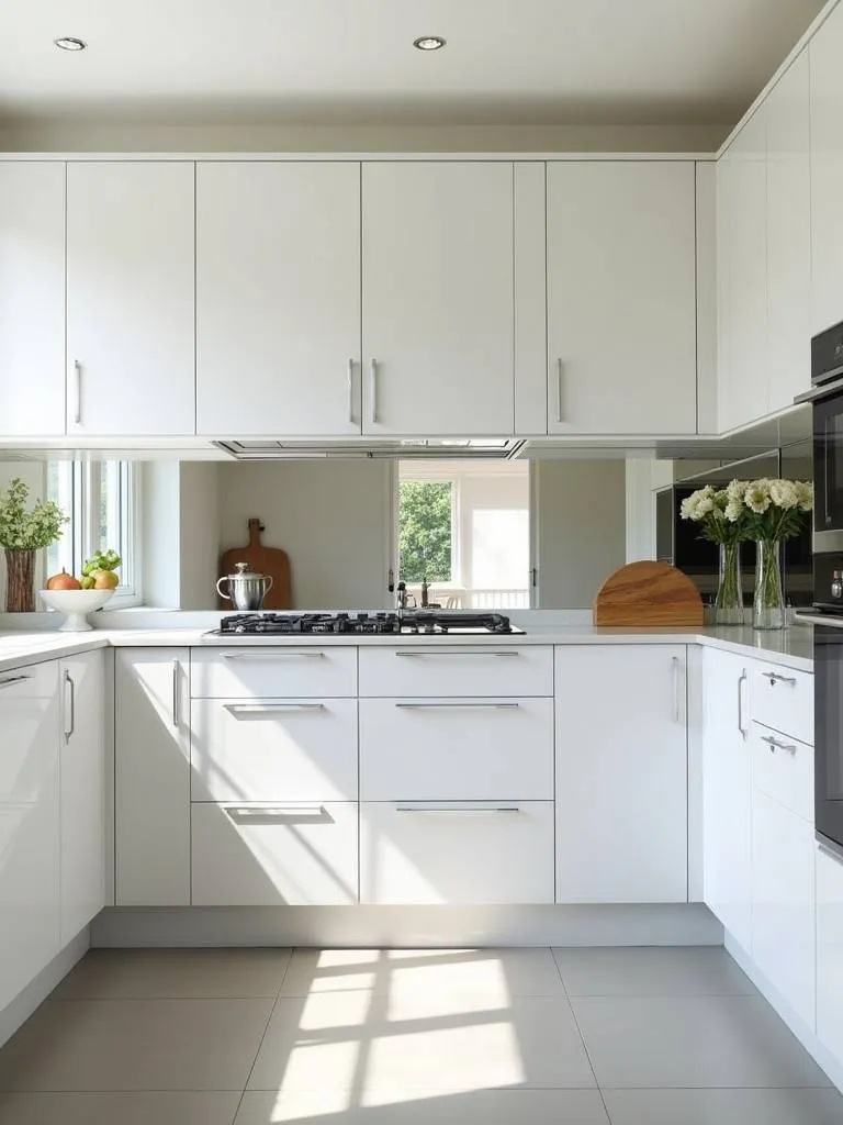 A kitchen with white cabinets and a mirrored backsplash